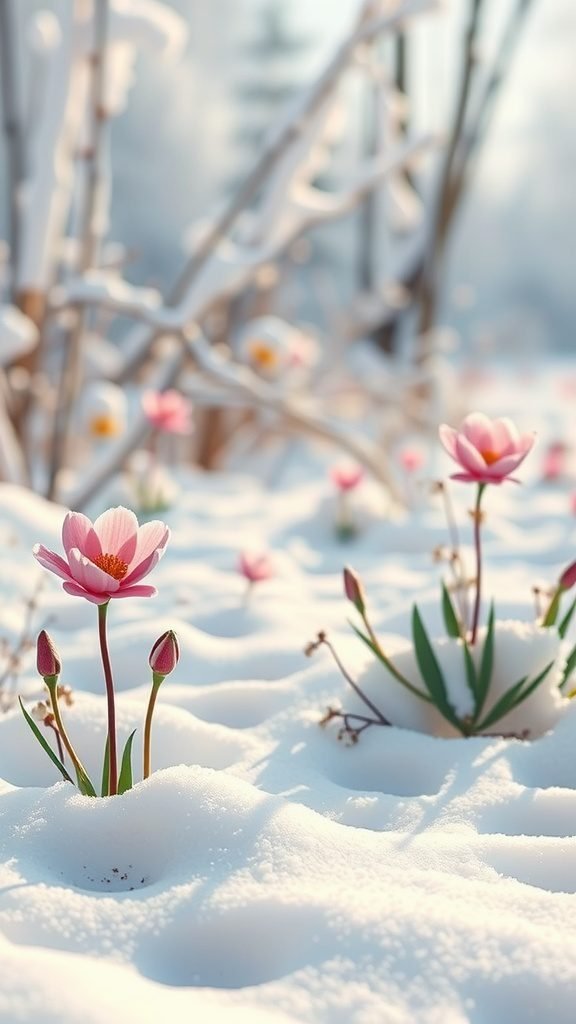Pink flowers emerging from snow in a winter setting. February Wallpaper