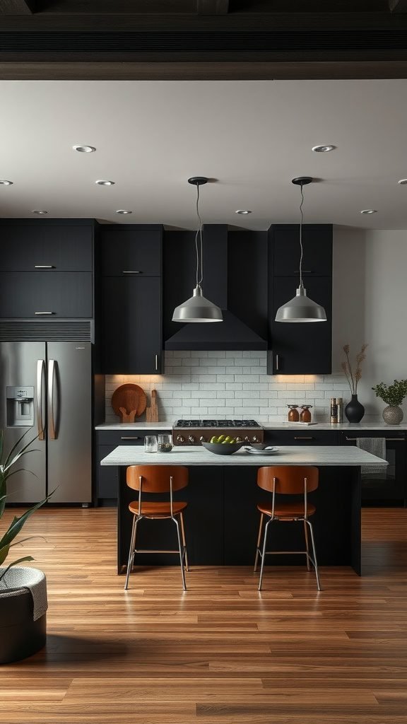A modern kitchen featuring dark cabinets, warm wood flooring, and stylish light fixtures, exuding a cozy and intimate atmosphere.
