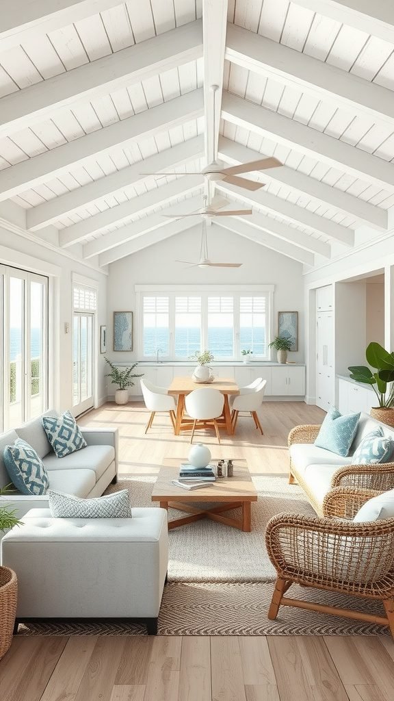 A bright coastal living room featuring an open floor plan with large windows, light colors, and minimalist furniture.