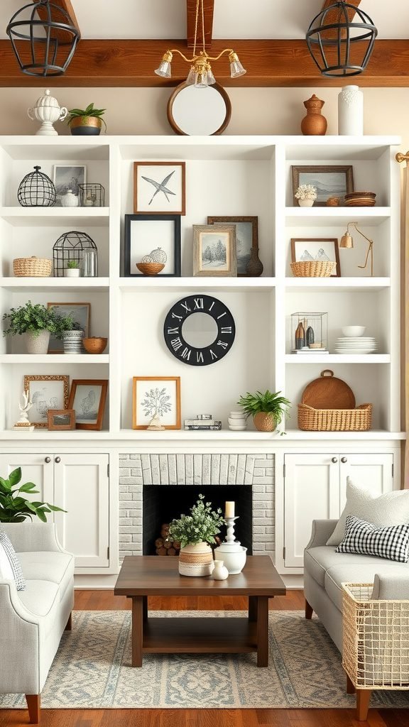 Open shelving in a farmhouse living room displaying various decorative items, plants, and framed pictures.