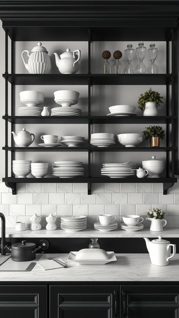 Open shelving in a black and white kitchen displaying white dishes and decorative items