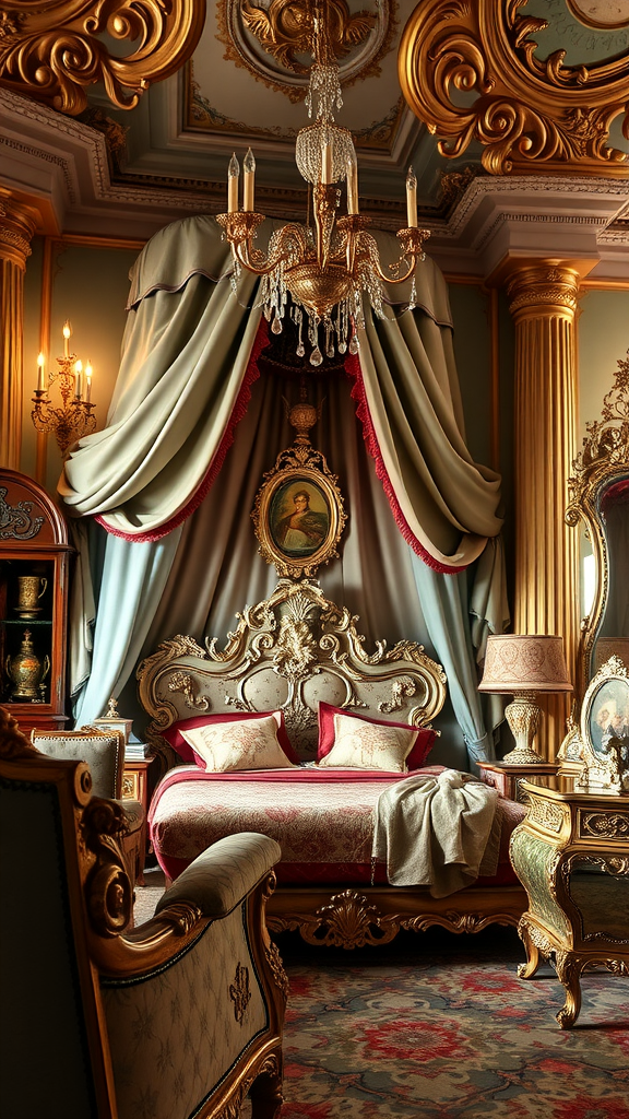 A luxurious Rococo bedroom featuring ornate furniture, a grand bed with rich fabrics, and an elegant chandelier.
