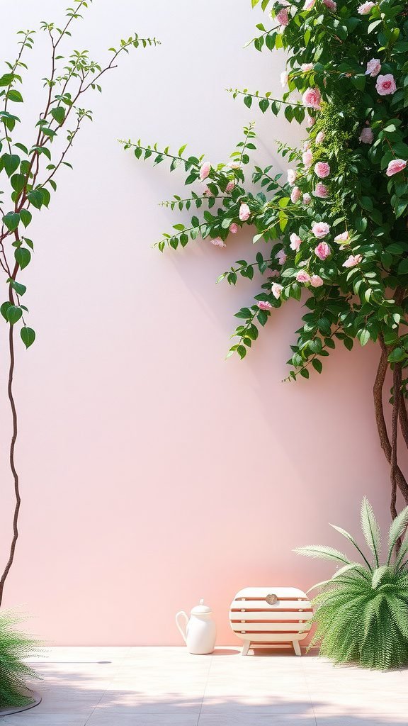 A tranquil scene featuring pastel colors, blooming flowers, and greenery, ideal for March wallpapers.
