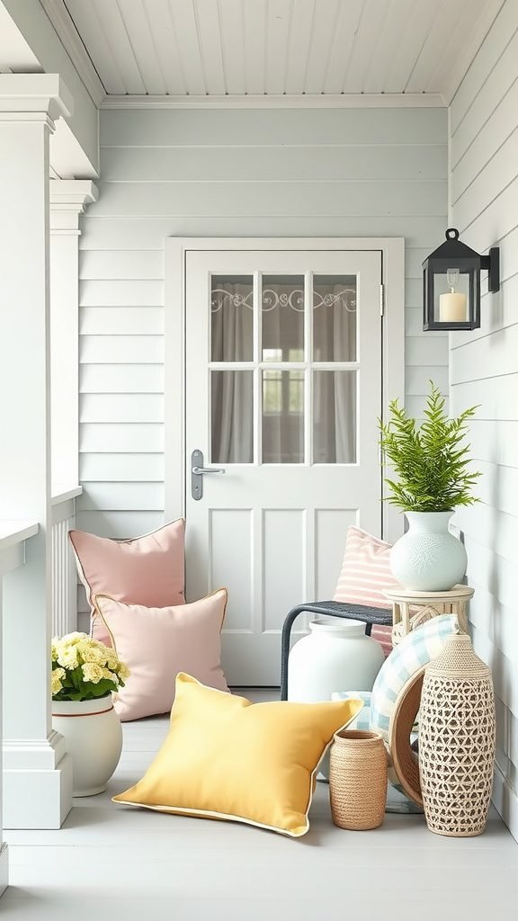 A cozy porch decorated with pastel pillows and plants, featuring a light wooden floor and white door.