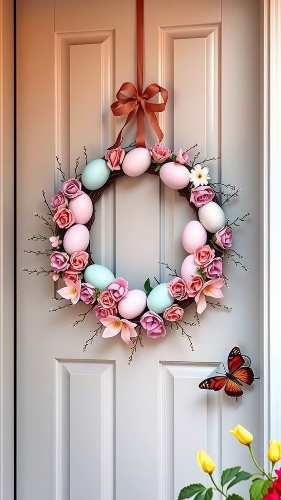 A pastel egg wreath displayed on a door, featuring pink and blue eggs and beautiful flowers.