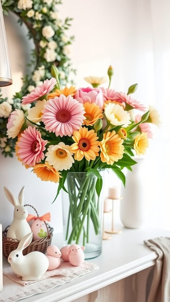 A pastel floral arrangement with daisies and gerbera flowers, accompanied by decorative bunnies and eggs on a mantle.