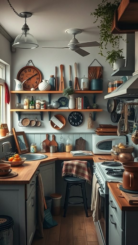Cozy moody kitchen with wooden shelves filled with decor and plants