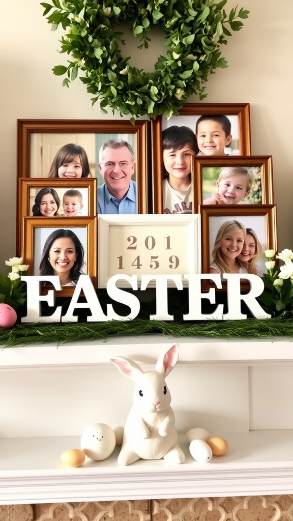Easter mantle decor featuring family photos and festive decorations.