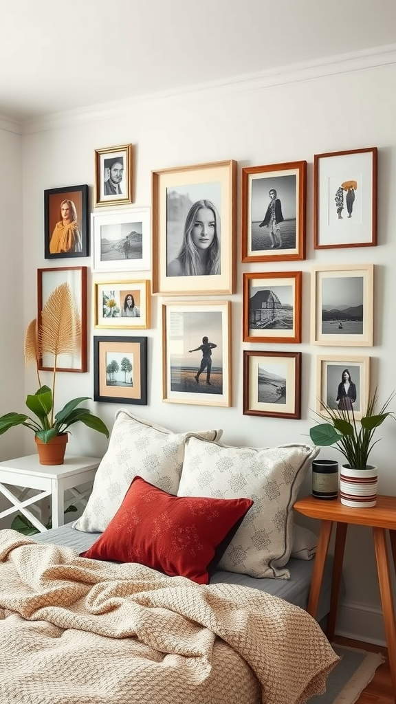 A cozy bedroom featuring a personalized gallery wall with various framed photographs and artworks.