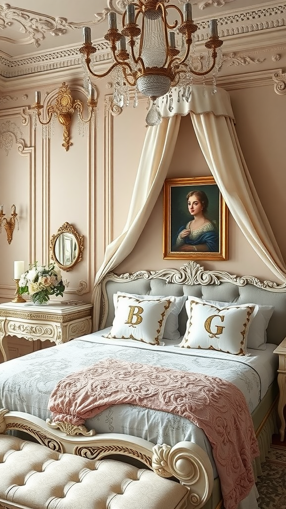 A beautifully decorated Rococo bedroom featuring soft pink walls, an ornate chandelier, and personalized touches like initialed pillows.