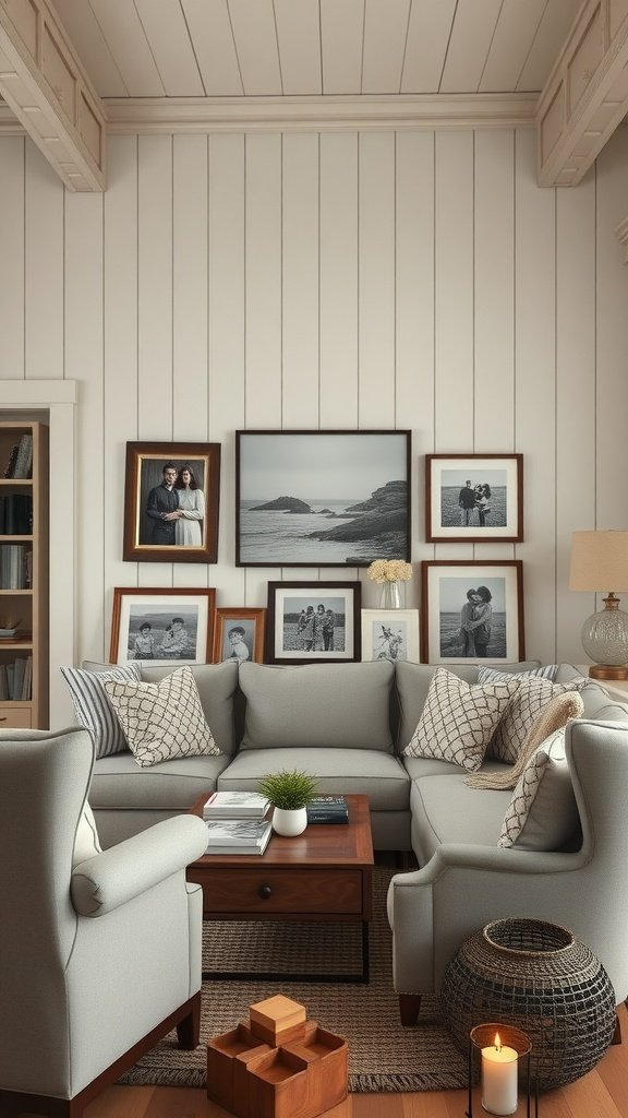 A cozy farmhouse living room with a sectional sofa, family photos on the wall, and a warm, inviting atmosphere.