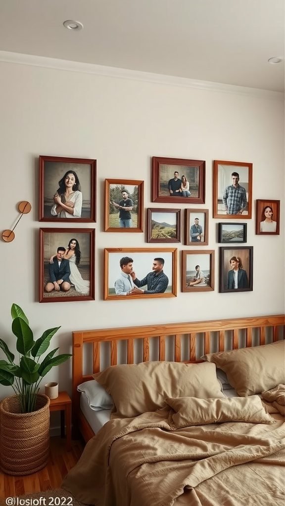 A cozy bedroom featuring personalized wall decor with framed photographs and a bed with earthy tones.