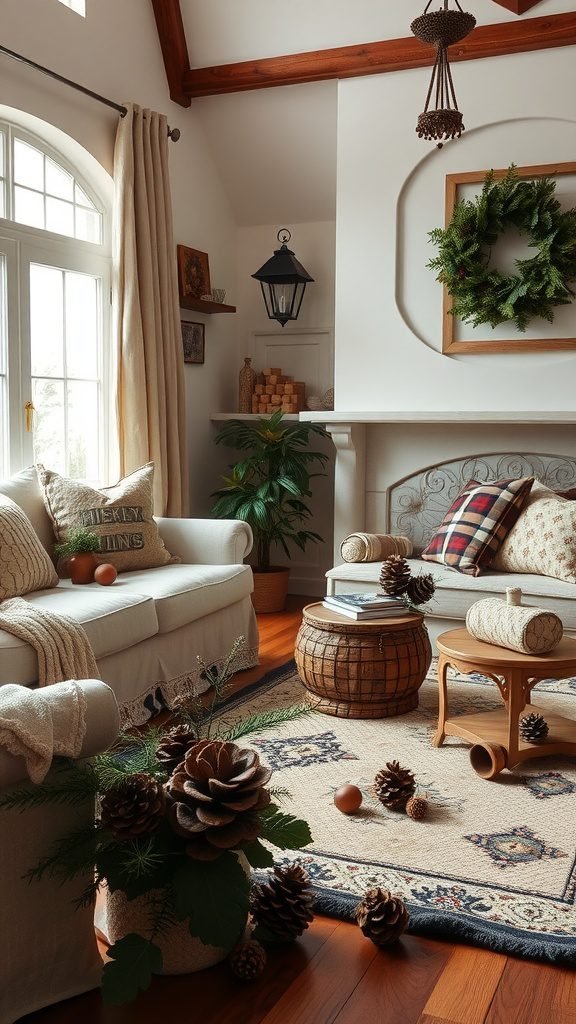 A cozy living room decorated with pinecones and acorns, showcasing a natural theme.