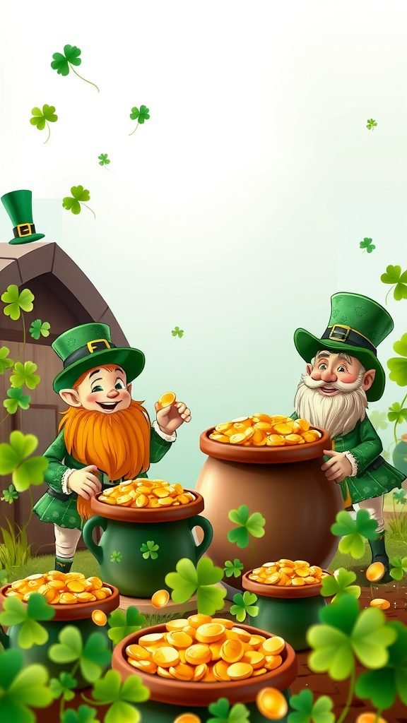 Two happy leprechauns with pots of gold and clovers for St. Patrick's Day