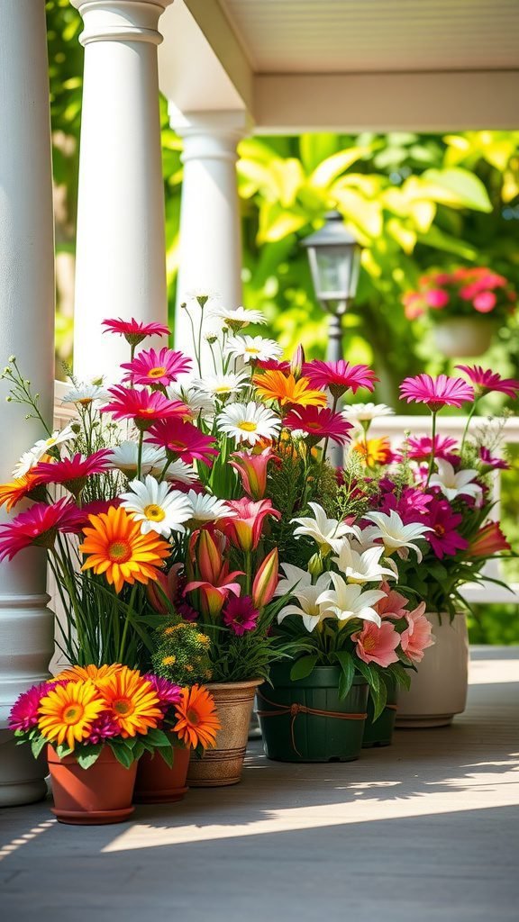 A beautiful display of potted daisies and lilies on a porch, showcasing colorful flowers in different pots.