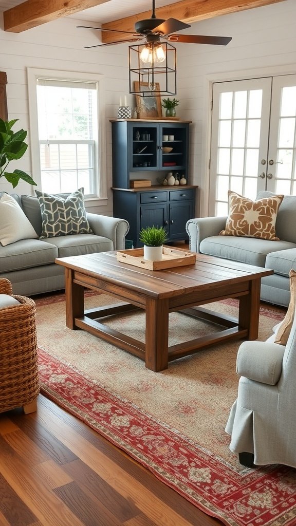 Cozy farmhouse living room featuring a reclaimed wood coffee table, light sofas, and a vibrant area rug.