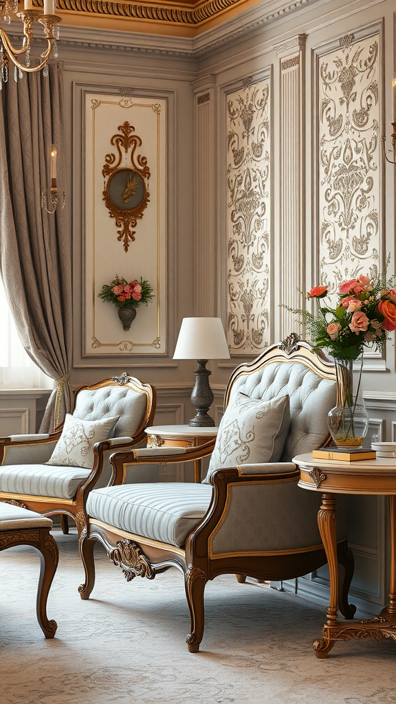 A beautifully decorated Rococo bedroom featuring ornate armchairs with intricate upholstery and elegant decor.