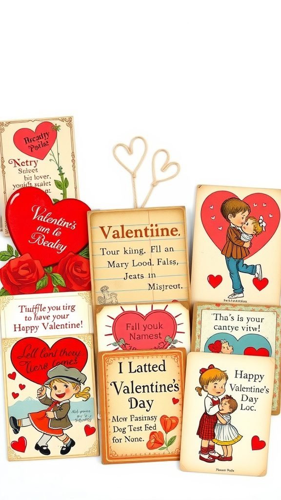 A collection of retro Valentine’s Day cards with colorful designs and cheerful messages.