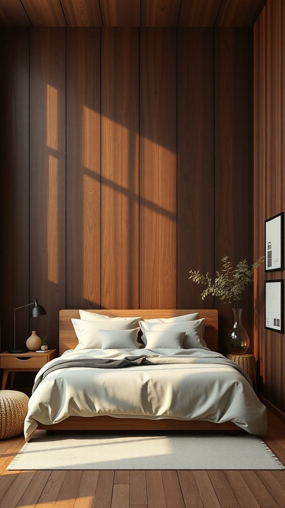 A cozy dark earthy bedroom with rich chocolate wall colors and natural wood accents.