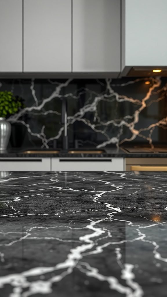 A modern kitchen with a dark marble countertop featuring intricate white veining and sleek cabinetry.