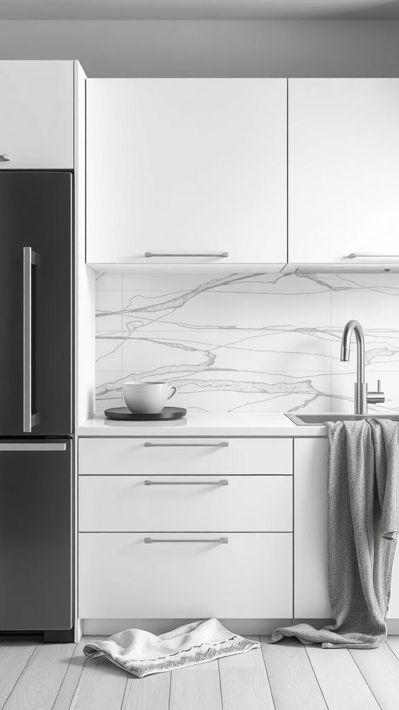 A modern black and white kitchen featuring sleek cabinets and a textured marble backsplash.