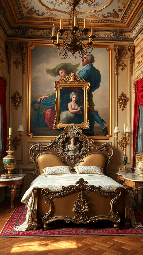 A luxurious Rococo bedroom featuring an ornate bed, grand chandelier, and detailed artwork.