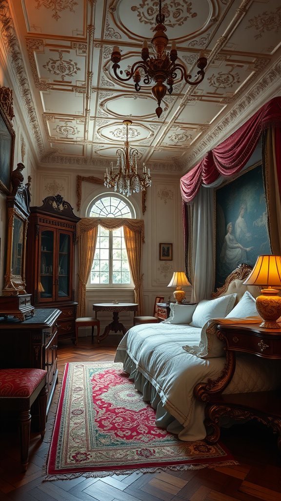 A luxurious Rococo bedroom featuring intricate decor, elegant lighting, and rich textures, perfect for small spaces.