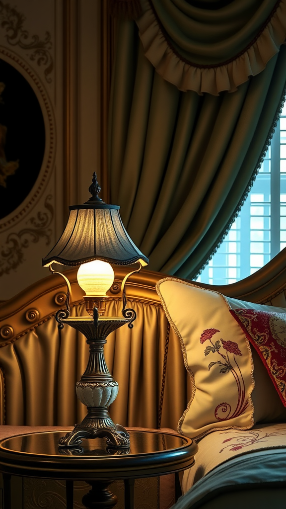 A decorative lamp beside a bed in a Rococo bedroom, showcasing intricate design and soft lighting.