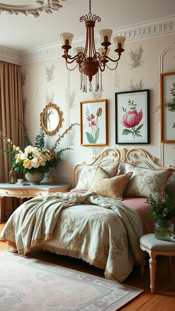 A Rococo-inspired bedroom featuring floral elements, soft colors, and elegant decor.