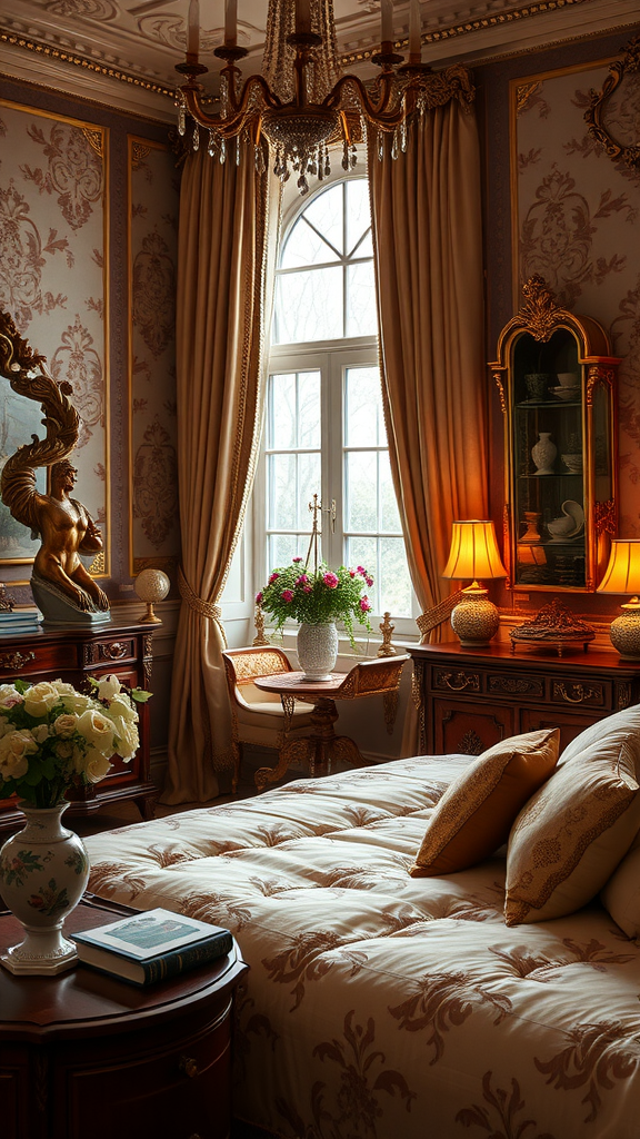 A beautifully decorated Rococo bedroom featuring ornate chandelier, elegant curtains, and classic furniture.