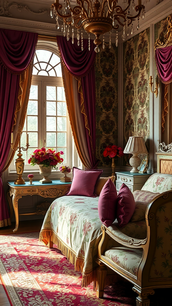 A Rococo inspired bedroom with colorful accents, featuring rich purple and gold drapes, floral bedding, and elegant furniture.