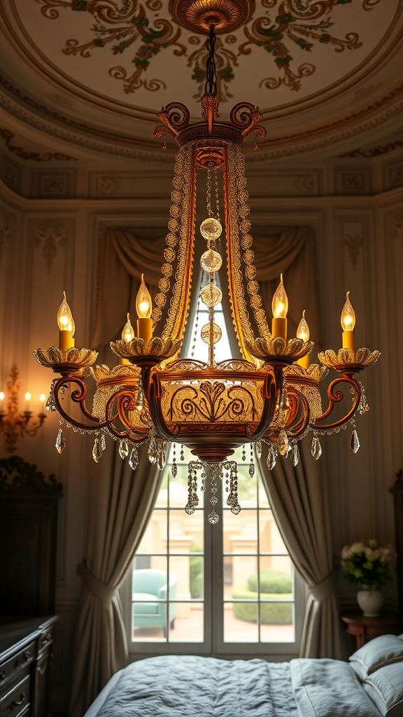 A beautiful chandelier in a Rococo-style bedroom, featuring intricate designs and sparkling crystals.