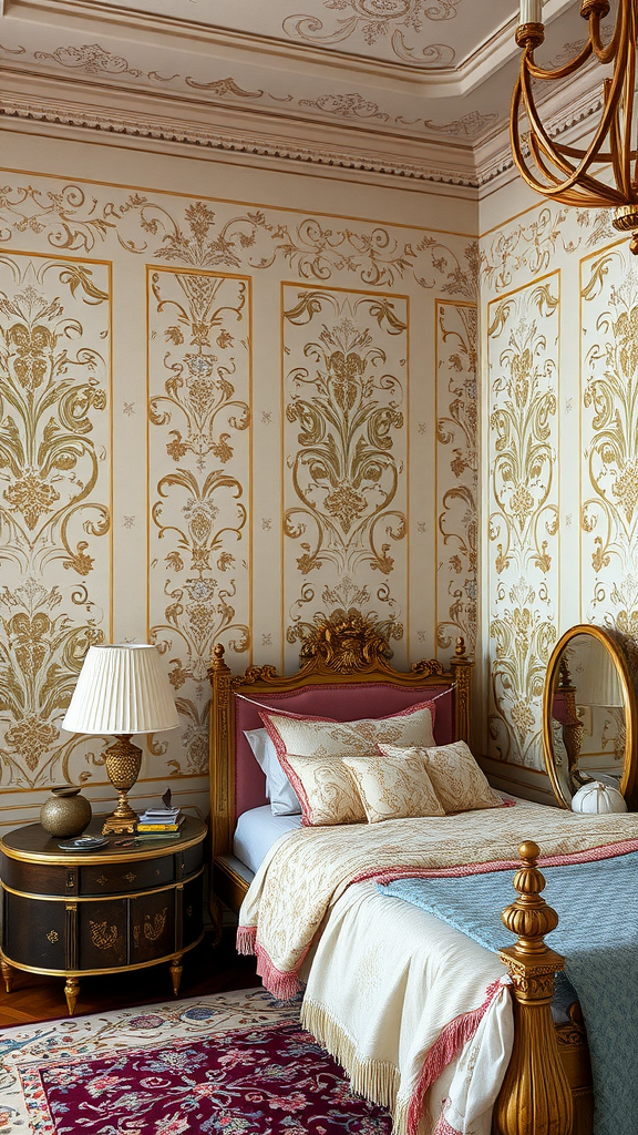 A beautifully decorated Rococo bedroom featuring ornate wallpaper with floral patterns, a stylish bed, and elegant decor.