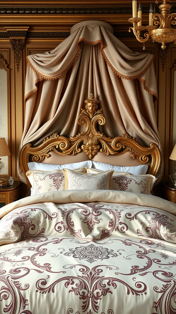 Luxurious Rococo style bedding with intricate patterns, gold accents, and elegant drapery.