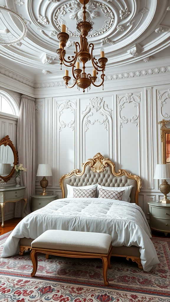 A beautifully designed Rococo bedroom featuring ornate details, a luxurious bed, and an elegant chandelier.