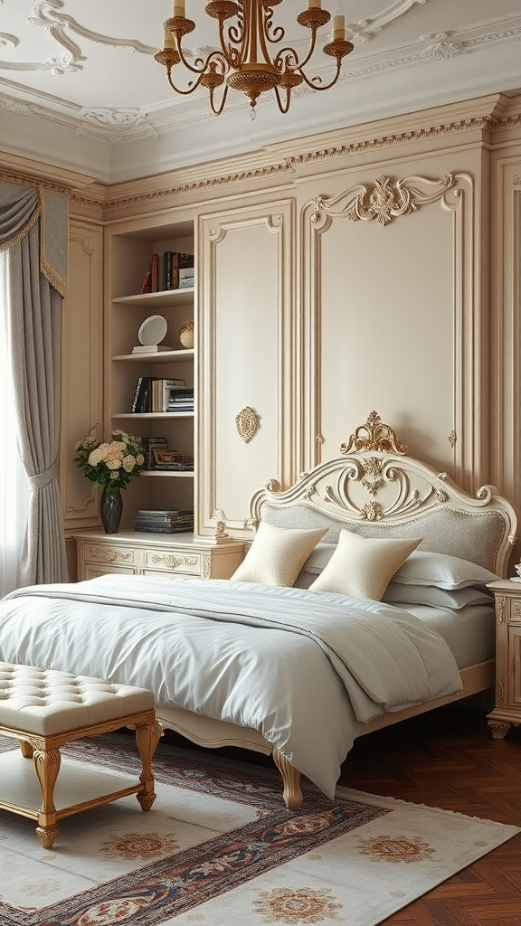 A beautifully designed Rococo-style bedroom featuring ornate furnishings and elegant storage solutions.