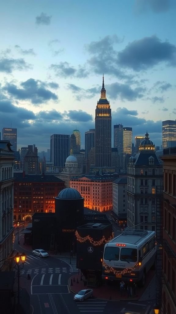 A romantic cityscape at dusk with the Empire State Building and warm lights. February Wallpaper