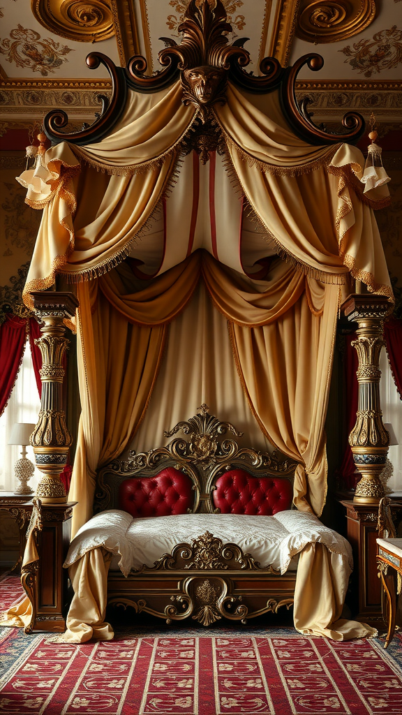A lavish Rococo canopy bed with golden drapery and ornate wooden details, set in an elegantly decorated bedroom.
