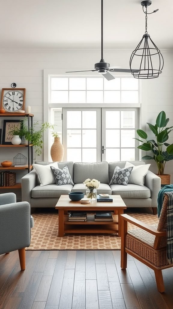 A cozy farmhouse living room with a gray couch, wooden coffee table, and modern light fixture.
