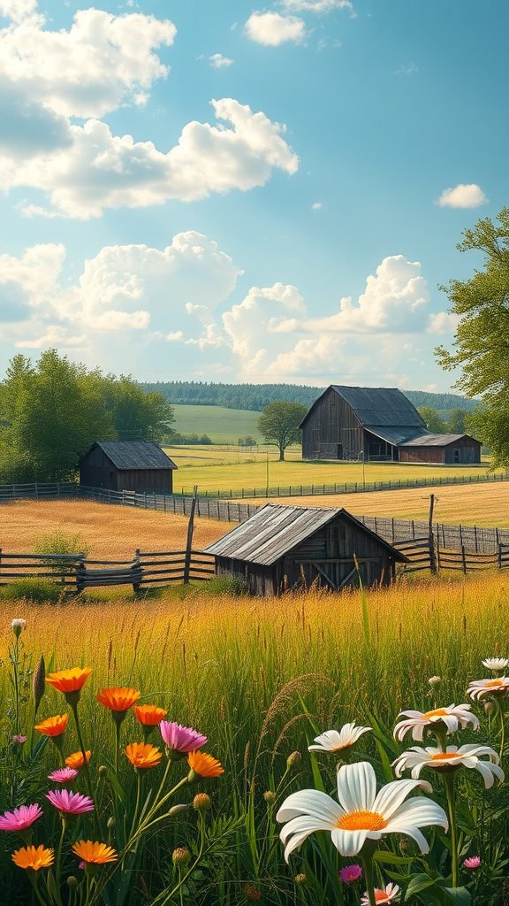 Rustic country scene with barns and colorful flowers