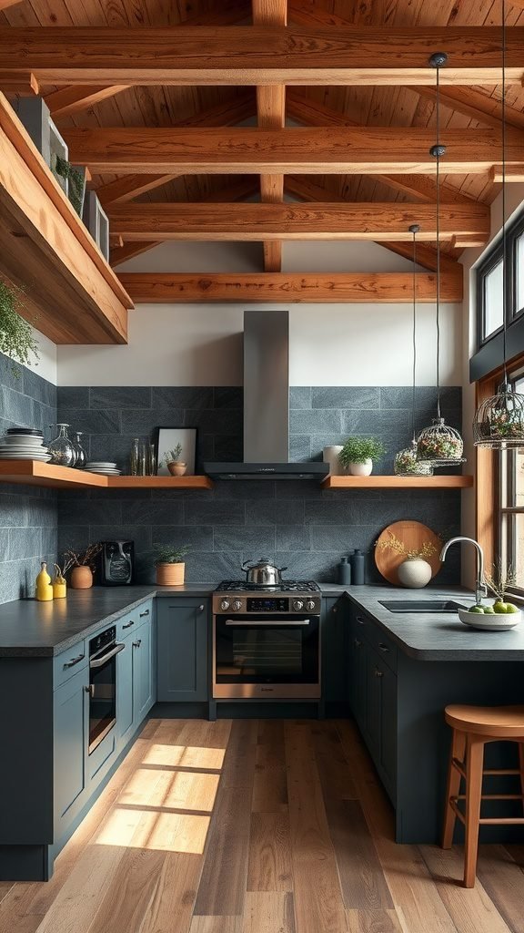 A rustic kitchen with dark slate walls, wooden beams, and dark blue cabinets, showcasing modern design elements.