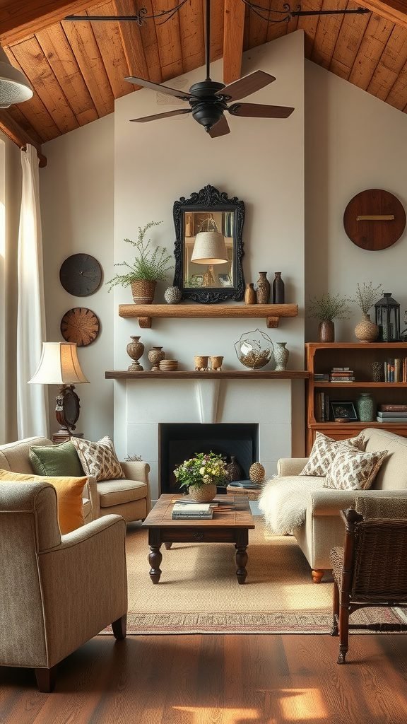 A rustic living room with wooden beams, soft furniture, and family heirlooms, embodying a goblincore aesthetic.