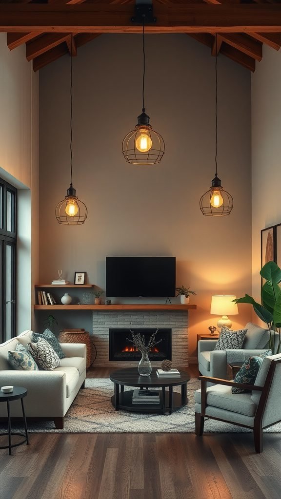 A cozy living room with rustic lighting fixtures, showcasing a warm and inviting atmosphere.