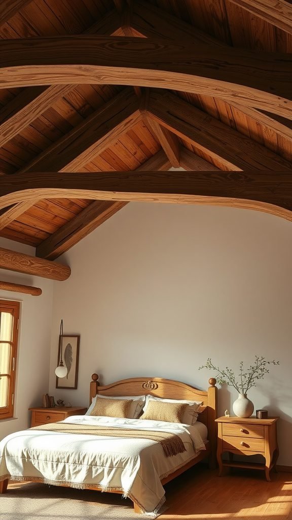 A dark earthy bedroom featuring rustic wooden beams and a cozy bed.