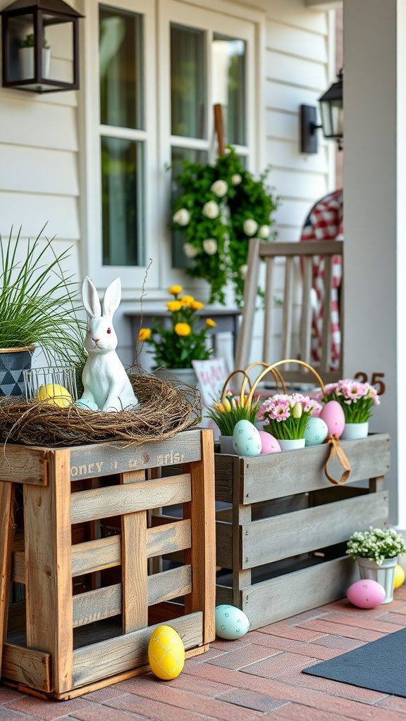 Easter porch decor featuring rustic wooden crates with a bunny, colorful eggs, and flowers.
