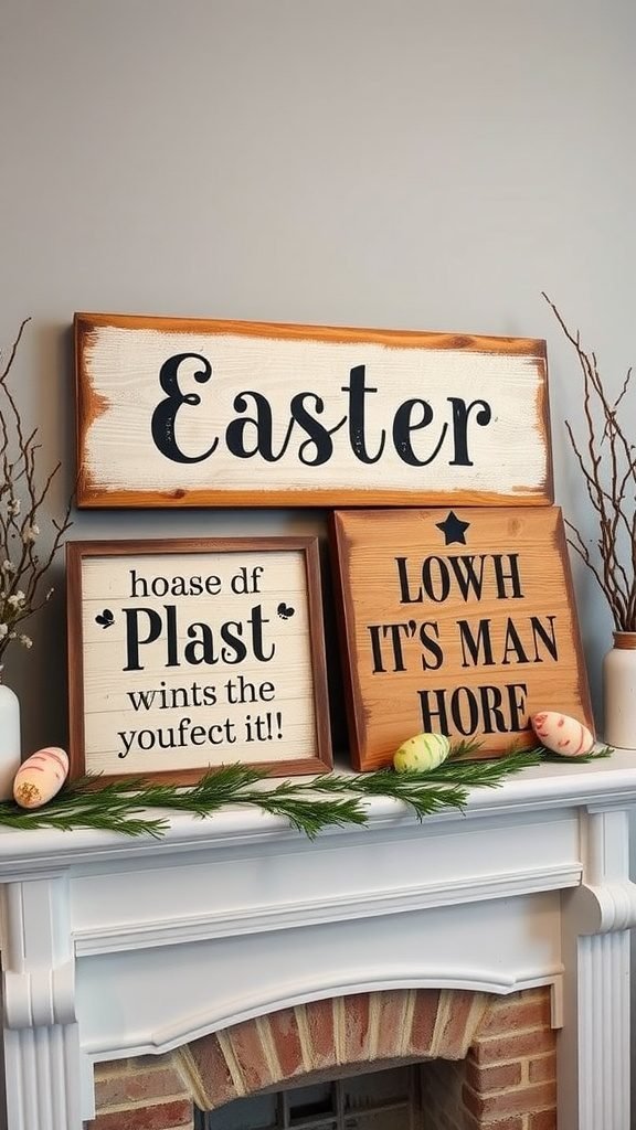 Rustic wooden Easter signs displayed on a mantle with greenery and Easter eggs.
