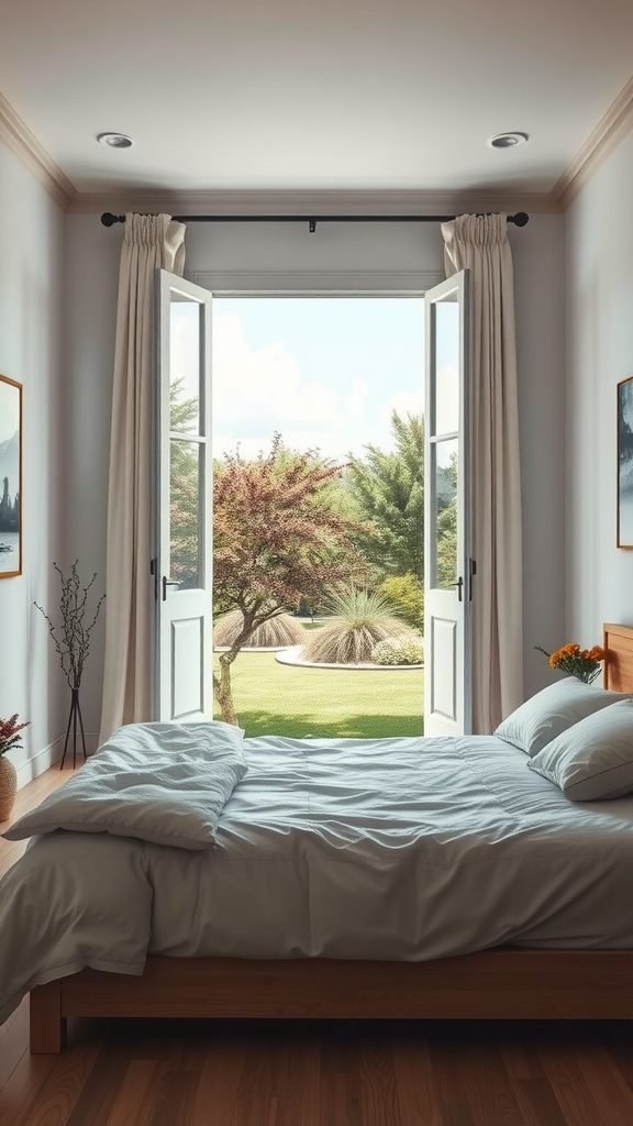A dark earthy bedroom with open windows overlooking a lush garden.
