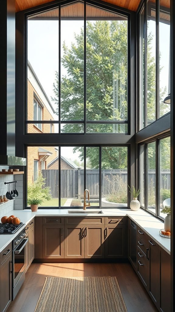 A modern kitchen with large windows overlooking a garden, featuring dark cabinetry and wooden accents.