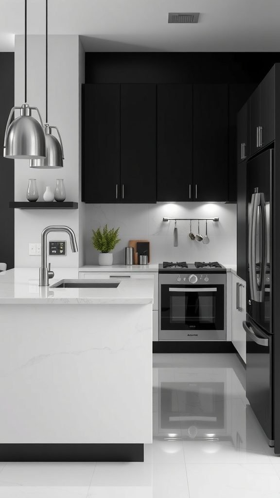A modern black and white kitchen featuring smart technology and elegant design.