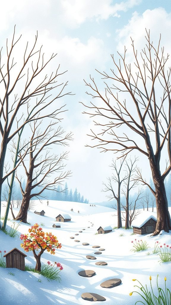 A serene snowy landscape with bare trees, cozy houses, and a colorful blossoming tree, symbolizing the transition from winter to spring.